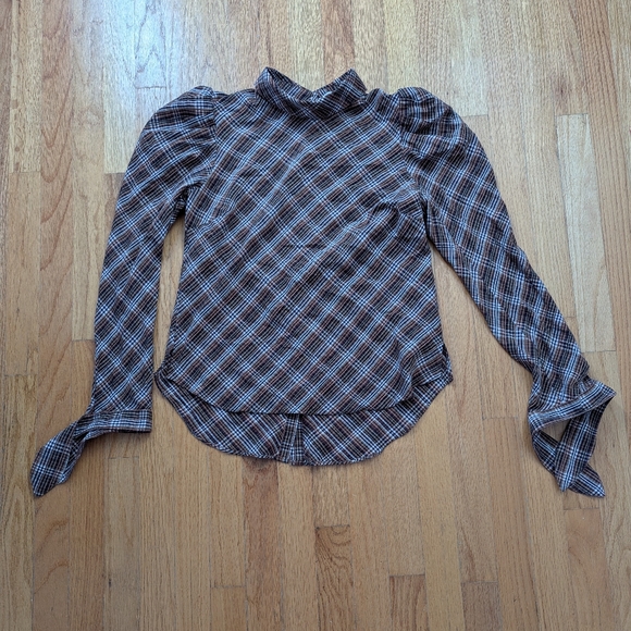 Veronica Beard Tops - Veronica Beard Isabel Plaid Brown Puff Sleeve Button Back Blouse Size 8
